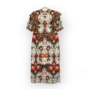 Large FarmRio Flowing Beauty Blue Short Sleeve Midi Dress SwanPrint Gold Pearl